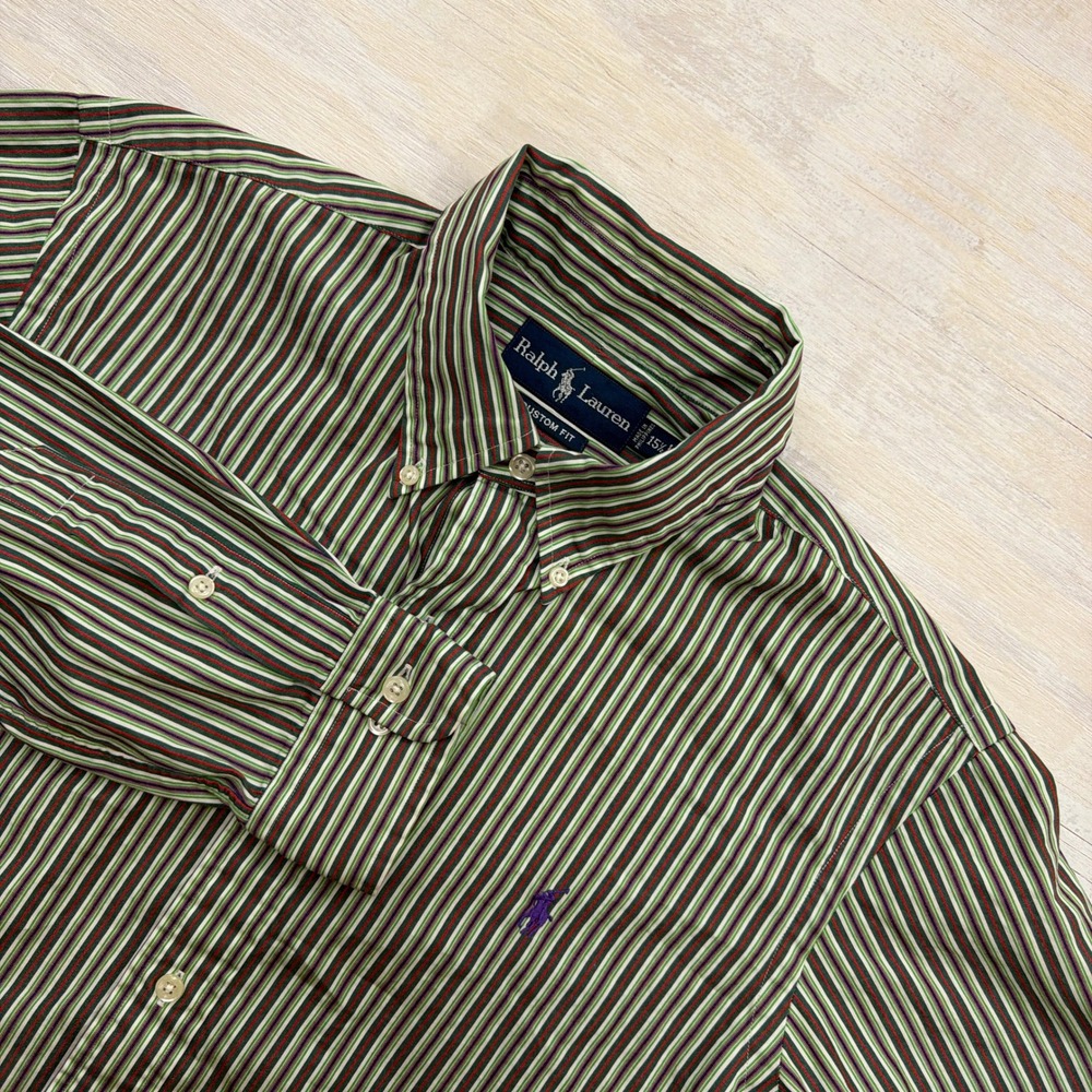 Ralph Lauren Button Down Shirt Custom Fit Striped Green Multi Mens Size 15.5 M